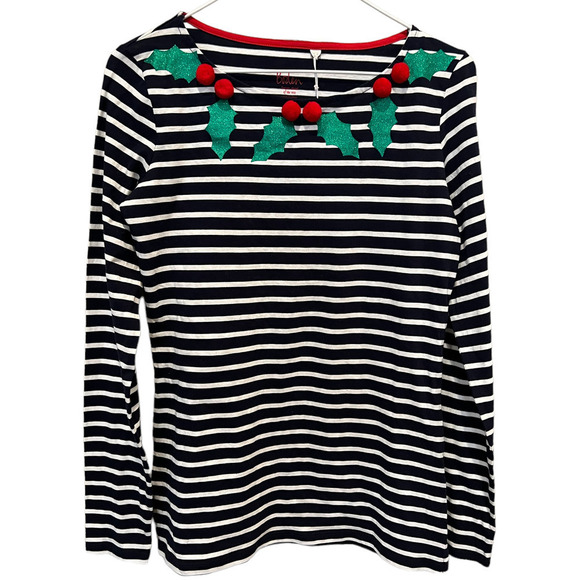 BODEN Christmas Breton Shirt In Glitter Pom Holly (US/2) - Picture 2 of 7